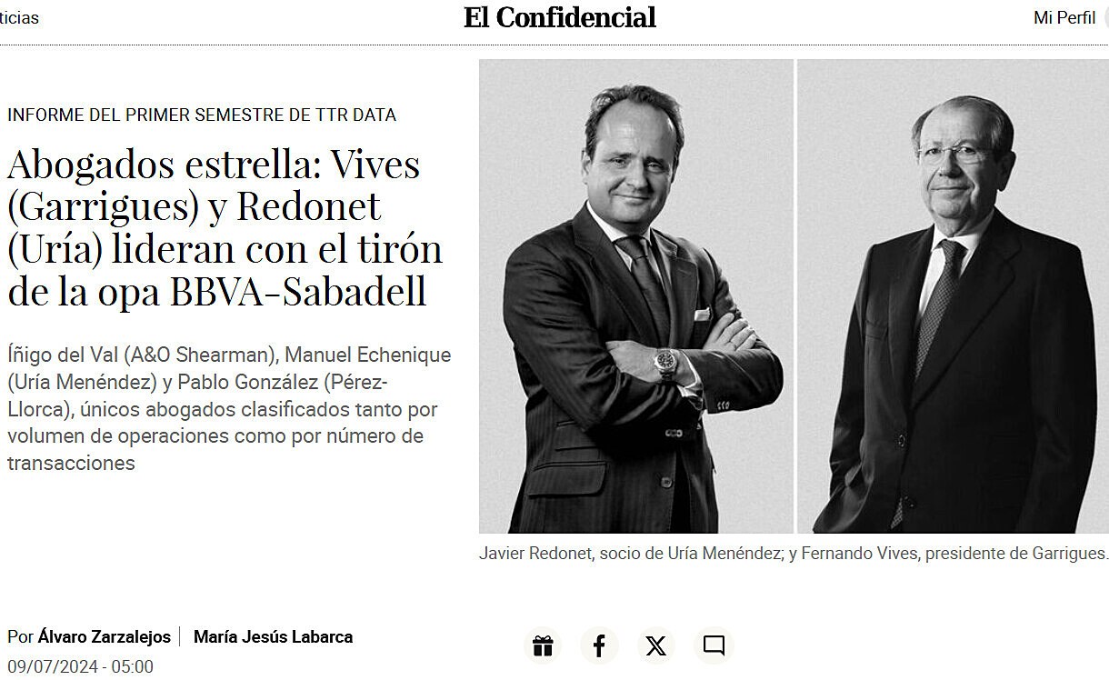 Abogados estrella: Vives (Garrigues) y Redonet (Ura) lideran con el tirn de la opa BBVA-Sabadell